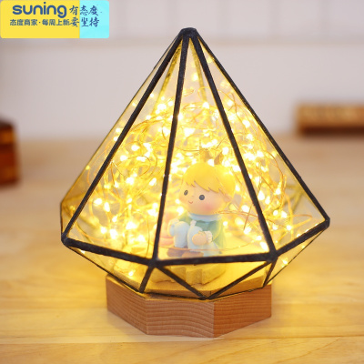 希杰狮王北欧ins实木可爱小夜灯充电式卧室床头灯少女LED个性创意台灯八边钻石遥控开关灯具