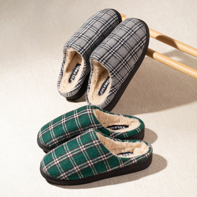家用毛毛拖鞋冬季保暖毛呢格子棉拖鞋加厚防滑软底棉拖月子鞋