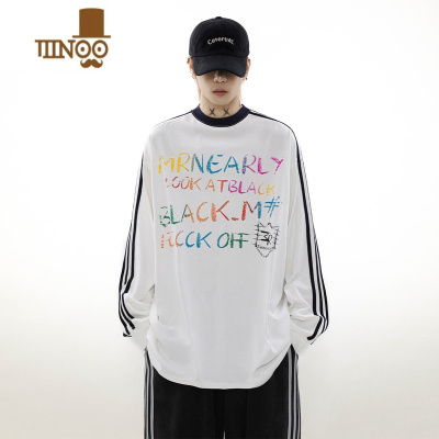 YANXU 美式复古三杠条拼色印花长袖T恤男宽松圆领潮牌情侣上衣