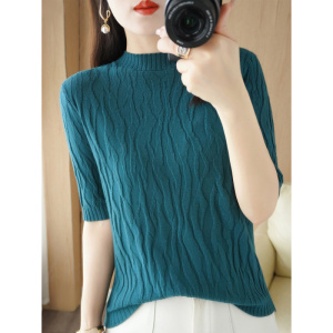 针织乱坑花短袖T恤女夏季新款时尚百搭半高领薄款半袖女