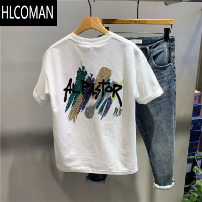 HLCOMAN夏季新款男士休闲后背印花圆领短袖T恤韩版时尚青年半袖打底