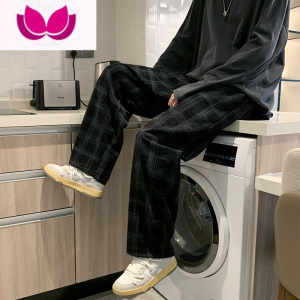 七斓格子裤男九分ins潮牌日系直筒英伦休闲宽松复古9分灯芯绒裤子