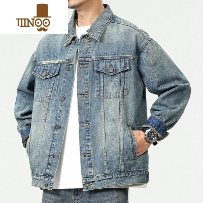 YANXU高街美式复古做旧水洗牛仔外套男时尚潮牌宽松版秋季外搭夹克上衣