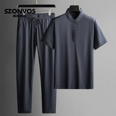 高端丝滑休闲套装男简约纯色立领短袖两件套时尚运动服男