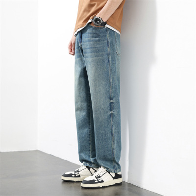 潮牌牛仔长裤男美式复古做旧水洗裤男士宽松直筒阔腿裤工厂直供