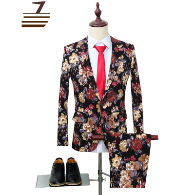NEWLAKE男西服西装晚礼服宴会婚礼加大码印花西装套装夜店型男两件套