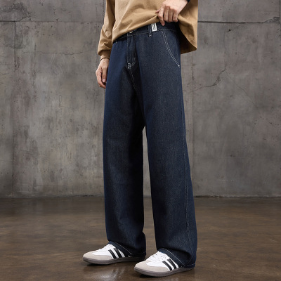 MEN腰头织标直筒裤深靛蓝原牛阔腿春秋男士高街丹宁牛仔长裤子
