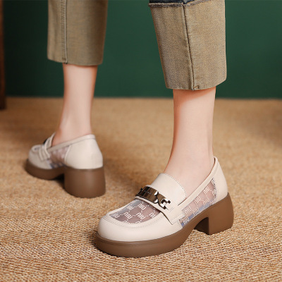 透气网面黑色乐福鞋女夏季新款网纱单鞋增高厚底小皮鞋