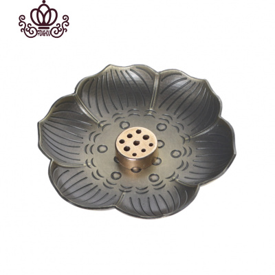 封后仿古香炉家用室内纯铜居室檀香盘香炉供佛茶道莲花沉香线香插香座古铜色莲花香盘+多孔香薰灯炉/器具