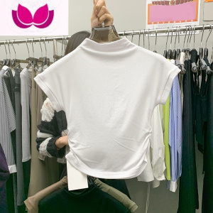 七斓2023设计感小众立领套头褶皱短袖显瘦纯色休闲短款T恤上衣女