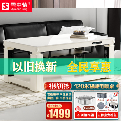 雪中情25款取暖桌电暖桌家用智能升降取暖茶几W25肤感白岩板120*70多功能取暖器烤火桌电烤炉电炉子升降电暖桌