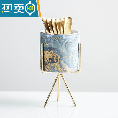 敬平北欧风格创意果叉罐套装叉子家用陶瓷罐子不锈钢水果签果插 流沙金罐一个+三角金架+6根圆圆叉