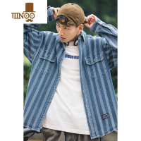YANXU日系复古竖宽条纹长袖牛仔衬衫男款宽松休闲衬衣男生工装外套