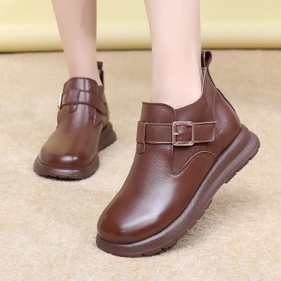 真皮复古雪地靴女冬季厚底马丁靴女加绒保暖软底女靴百搭棉鞋