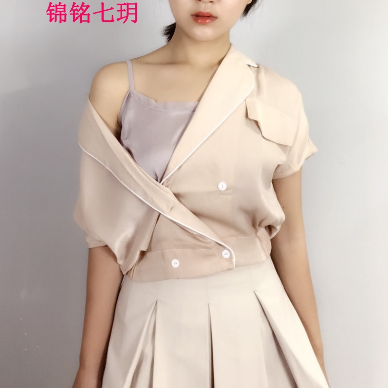 锦铭七玥新款夏季气质法式绸缎复古睡衣风衬衫女装v领短袖衬衣短款