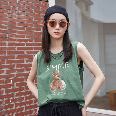 初语背心女夏外搭宽松2021新款棕绿色短款纯棉工字背小熊无袖上衣