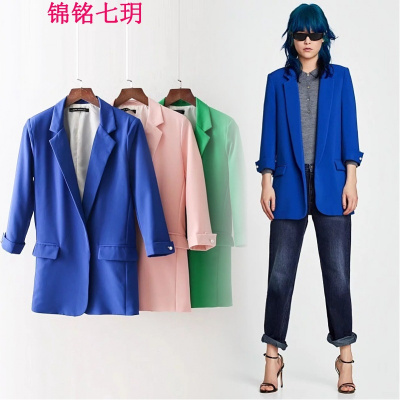 锦铭七玥外套女 2018早春新款女装翻领七分袖长款休闲女式西装