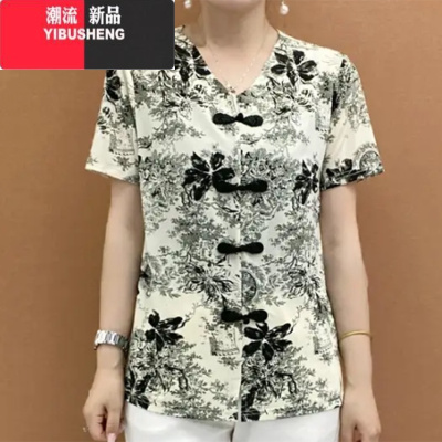 YIBUSHENG季新款碎花冰丝短袖T恤中老年女装宽松大码复古盘扣上衣妈妈装
