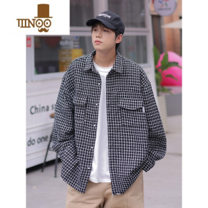 YANXU秋季新款少年感长袖格子衬衫男生款情侣百搭宽松薄款衬衣外套