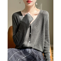 春夏新款精纺羊毛针织开衫女V领薄款宽松百搭长袖外套防晒空调衫