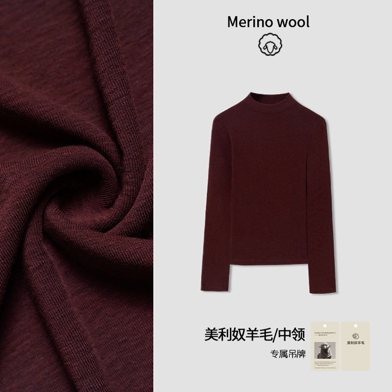 秋季新款羊毛软糯高级中领修身小立领T恤上衣内搭打底衫洋气