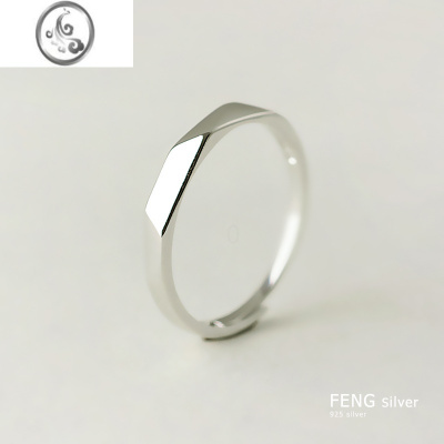 JiMi免费刻字925银银切面菱形开口戒指 日韩男女情侣一对指环新款