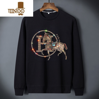 YANXU新品轻奢丝光棉重工马长袖T恤男装高端休闲潮牌欧洲站烫钻潮卫衣