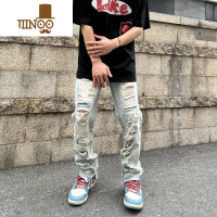 YANXUscs想文 美式高街刀割破洞小脚牛仔裤男女水洗做旧脚口拉链长裤潮