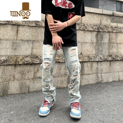 YANXUscs想文 美式高街刀割破洞小脚牛仔裤男女水洗做旧脚口拉链长裤潮
