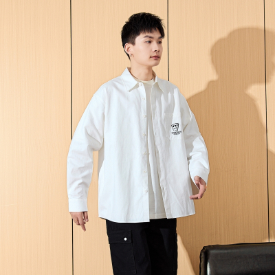 [2.5折价80元]唐狮早秋新款男长袖衬衫情侣同码翻领前胸单口袋图案绣花长袖衬衫