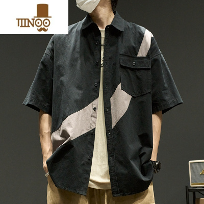 YANXU短袖衬衫男款夏季日系港风复古衬衣潮牌男生翻领拼色工装外套衣服