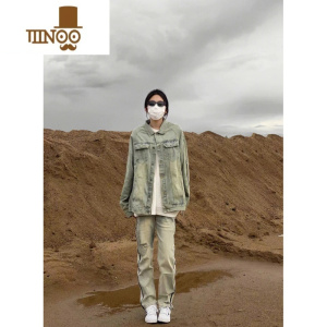 YANXU美式街头Vibe黄泥做旧水洗翻领牛仔夹克男女复古潮牌拉链情侣外套
