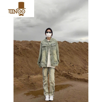 YANXU美式街头Vibe黄泥做旧水洗翻领牛仔夹克男女复古潮牌拉链情侣外套