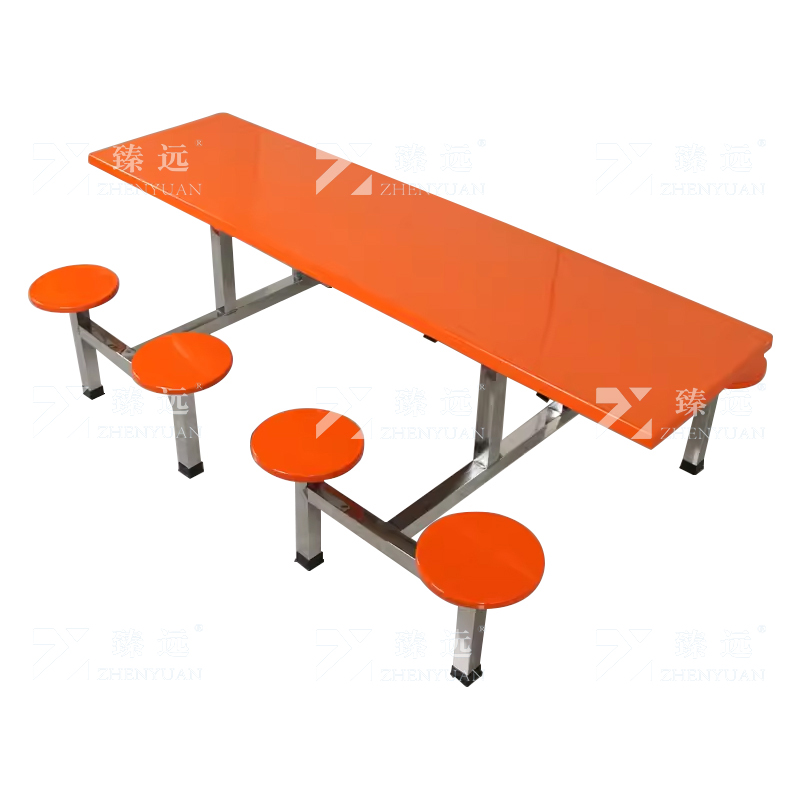 臻远 ZY4040861 玻璃钢连体餐桌椅组合8人位不锈钢架圆凳款