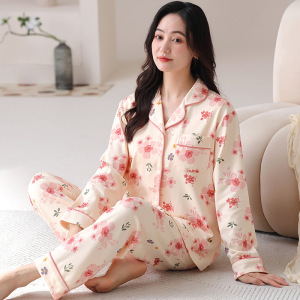 春秋季新款长袖开衫家居服棉质睡衣女款休闲宽松翻领两件套可外穿