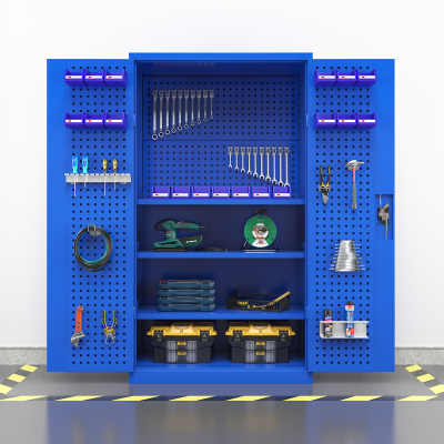 臻远重型五金工具柜铁皮柜双开门置物柜多功能零件柜~四层板+门挂板+背挂板蓝色