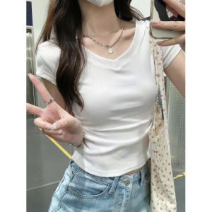 含棉韩系白色V领短袖T恤女夏季修身设计感褶皱收腰甜辣妹短款上衣