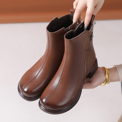 复古短靴女秋冬新款厚底粗跟侧拉链英伦棉靴牛皮大码马丁靴