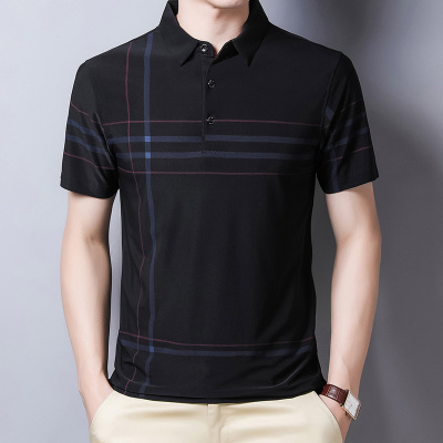 跨洋(KUAYANG)夏季男士短袖t恤男条纹中年宽松透气上衣有领半袖夏装POLO衫商务A
