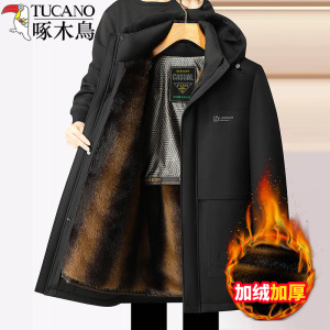 啄木鸟冬季新款棉衣中年男士爸爸装加绒加厚夹克外套带帽棉服外衣