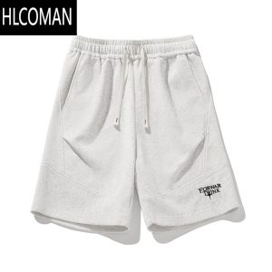 HLCOMAN美式刺绣短裤男款夏季潮牌设计感褶皱五分裤vibe高街宽松休闲中裤