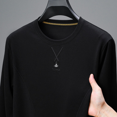 长袖T恤男秋季新款圆领套头休闲提花纯色男士卫衣