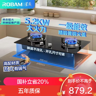 老板(Robam)[星辰系列]燃气灶家用双灶嵌入式煤气灶5.2kW可调节小尺寸灶具灶台猛火灶一级能效20B2A天然气