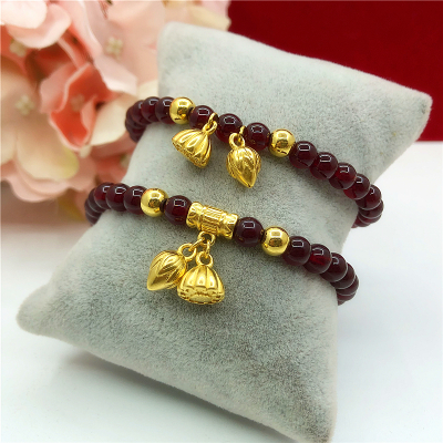 金店同款仿真越南沙金两世欢手链女镀金转运珠天然红石榴石女手串送女朋友老婆情人节七夕生日礼物