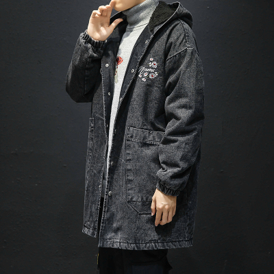 NEWLAKE仙鹤刺绣中国风牛仔外套男宽松连帽中长款冬季加绒加厚潮流棉衣服棉衣