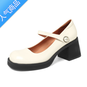 SUNTEK粗跟浅口单鞋2023春秋新款方头白色小皮鞋法式复古玛丽珍高跟鞋