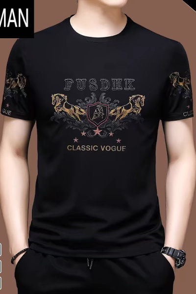 HLCOMAN高端款短袖t恤男士冰丝半袖夏装卫衣丝光棉刺绣宽松中年上衣服潮