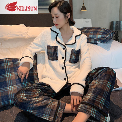 可莉允2020冬季新款情侣睡衣格子法兰绒珊瑚绒加厚加绒保暖家居服套装睡衣