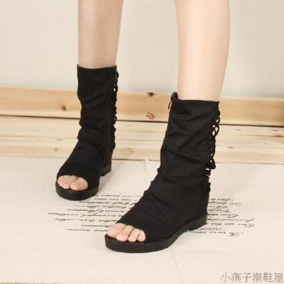 Ideamini鱼嘴网纱短靴内增高女鞋子平底马丁靴平跟踝靴2020新款凉鞋女靴子
