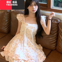 YIBUSHENG法式甜美风小飞袖碎花连衣裙女小个子蝴蝶结收腰在逃公主短裙子
